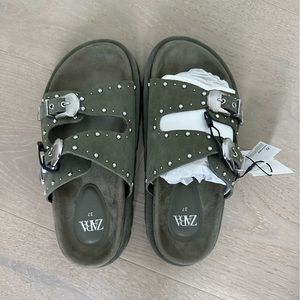ZARA STUDDED FLAT LEATHER SANDALS